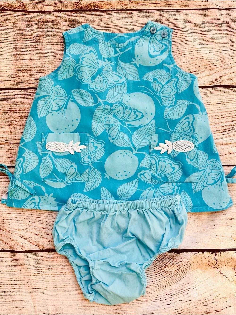 Lilly Pulitzer Blue Butterflies & Fruit Baby Lilly Dress & Bloomers Sz 12-18M